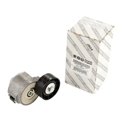Flat belt tension pulley with tension arm