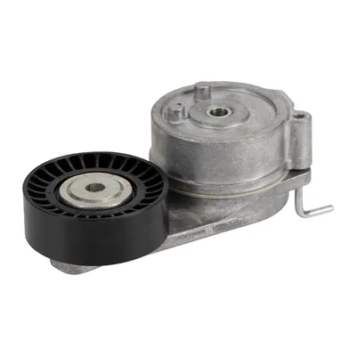 Flat belt tension pulley with tension arm
