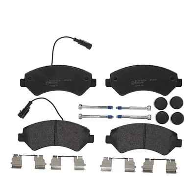 Front brake pads including wear warning contacts and accessories Brembo