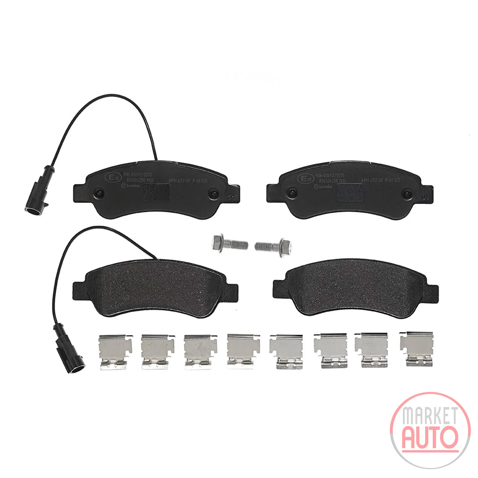 Rear brake pads including wear warning cable and accessories Brembo